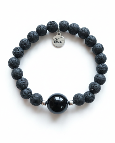 bracelet pierres de lave perle verre noire élastique 5